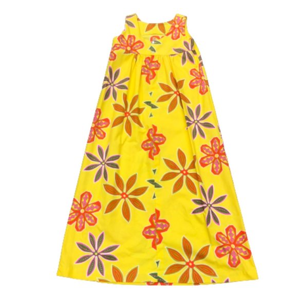 Vintage 50s/60s Hoaloha Hawaiian Barkcloth Yellow Floral Maxi Tiki Dress XS/S - Picture 11 of 14